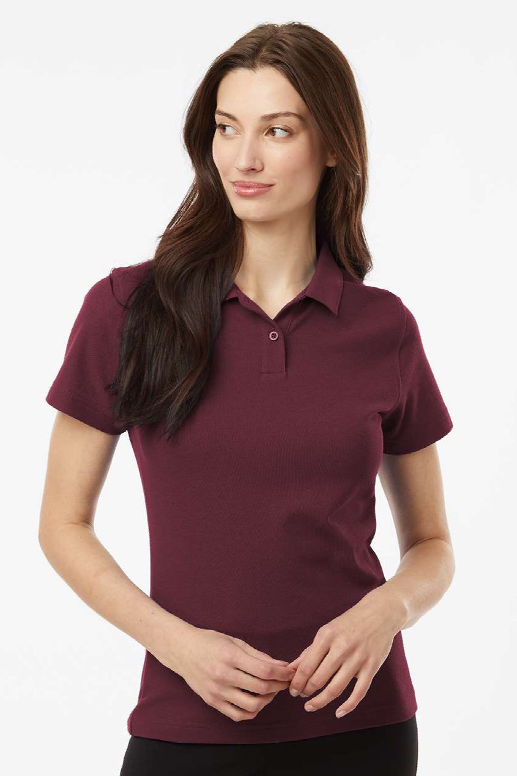 AllPro 62800L Womens Pique Short Sleeve Polo Shirt Maroon Model Front