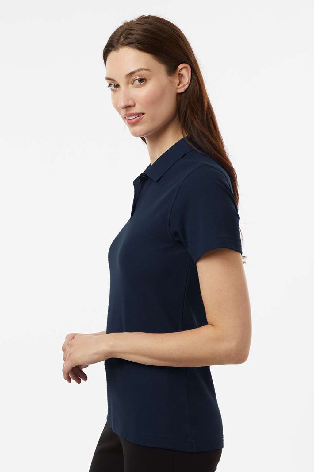 AllPro 62800L Womens Pique Short Sleeve Polo Shirt Navy Blue Model Side
