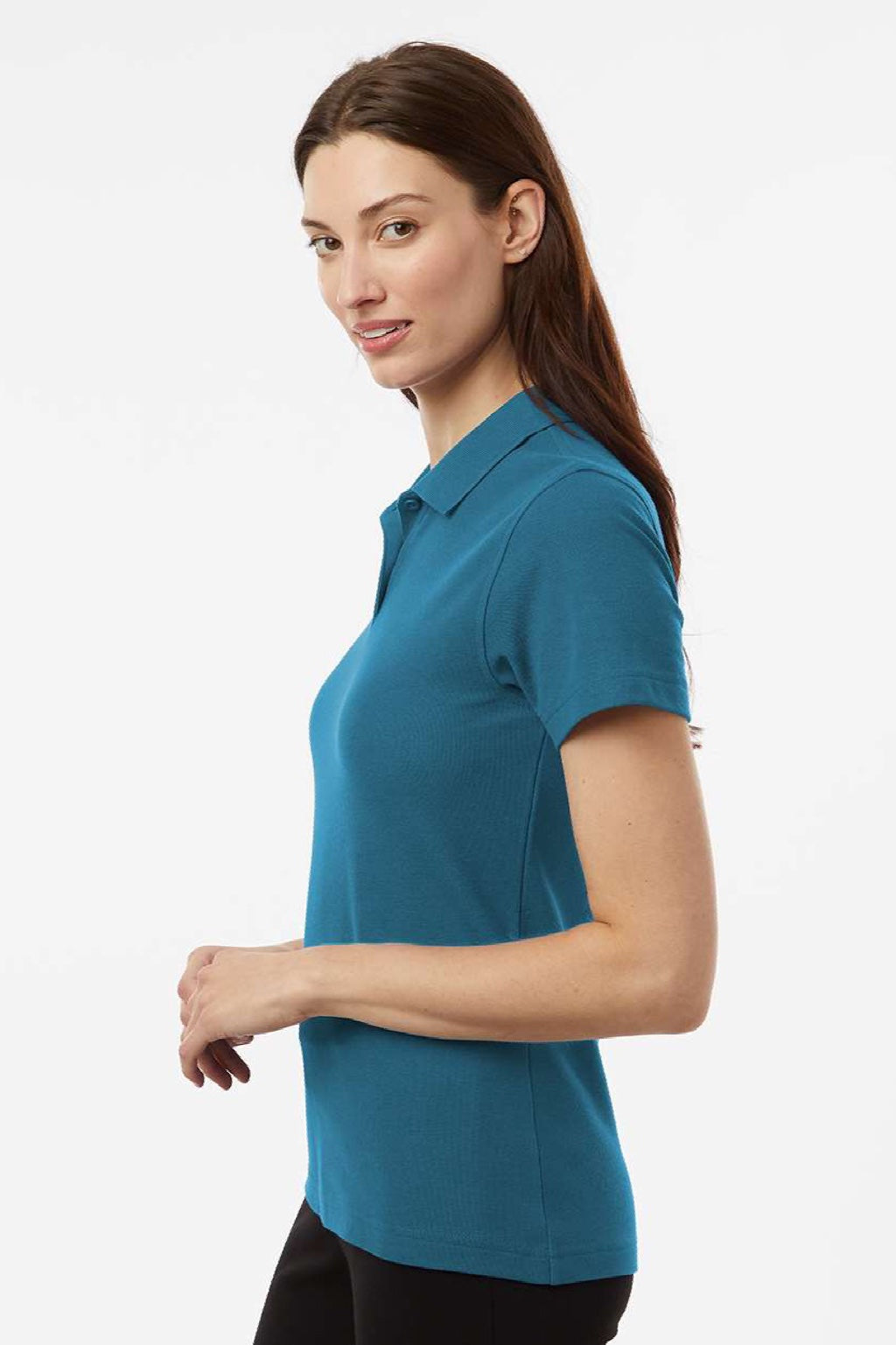 AllPro 62800L Womens Pique Short Sleeve Polo Shirt Pacific Blue Model Side