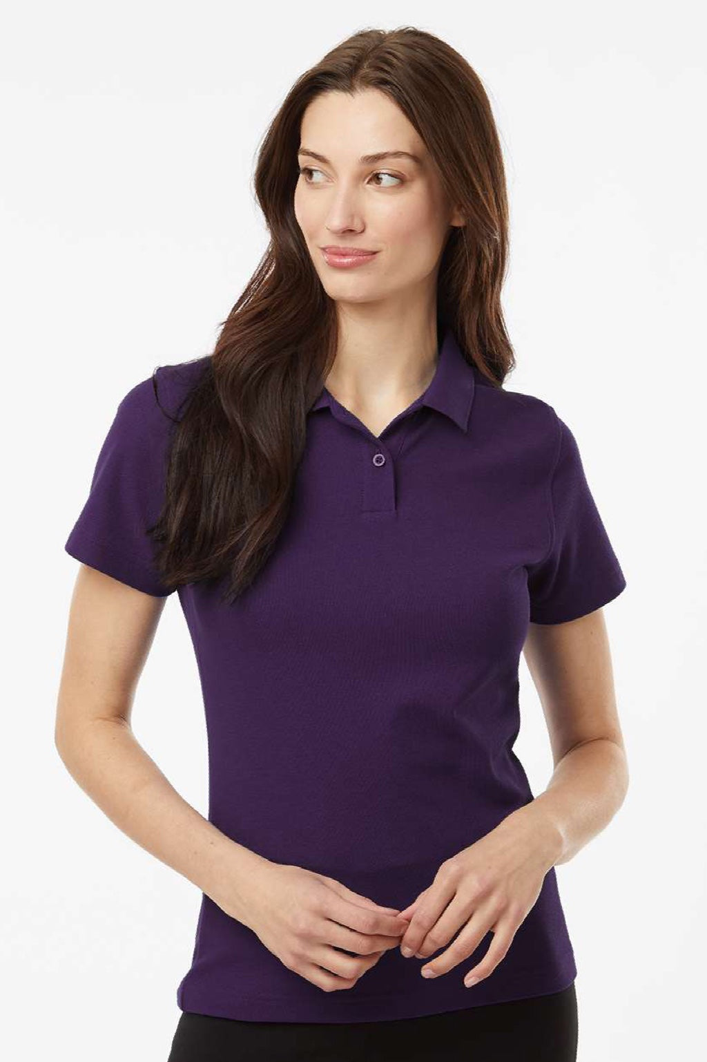 AllPro 62800L Womens Pique Short Sleeve Polo Shirt Purple Model Front