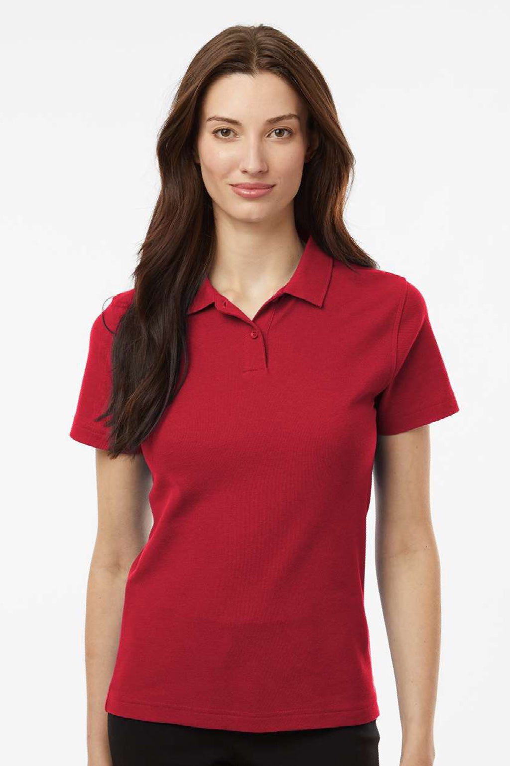 AllPro 62800L Womens Pique Short Sleeve Polo Shirt Red Model Front
