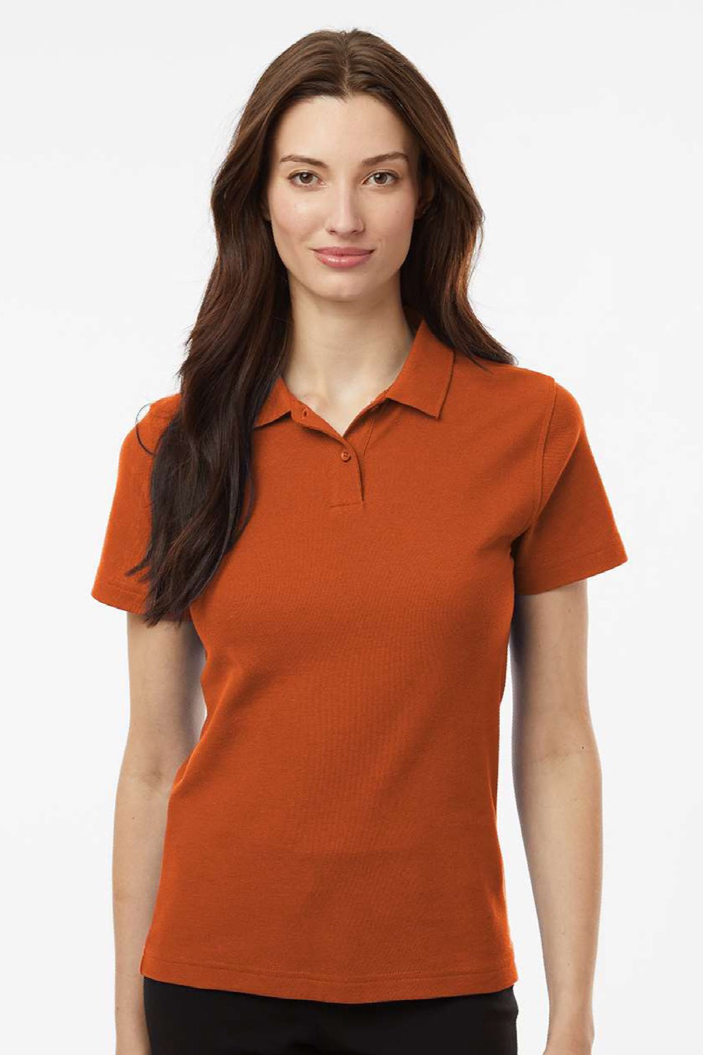 AllPro 62800L Womens Pique Short Sleeve Polo Shirt Rust Orange Model Front