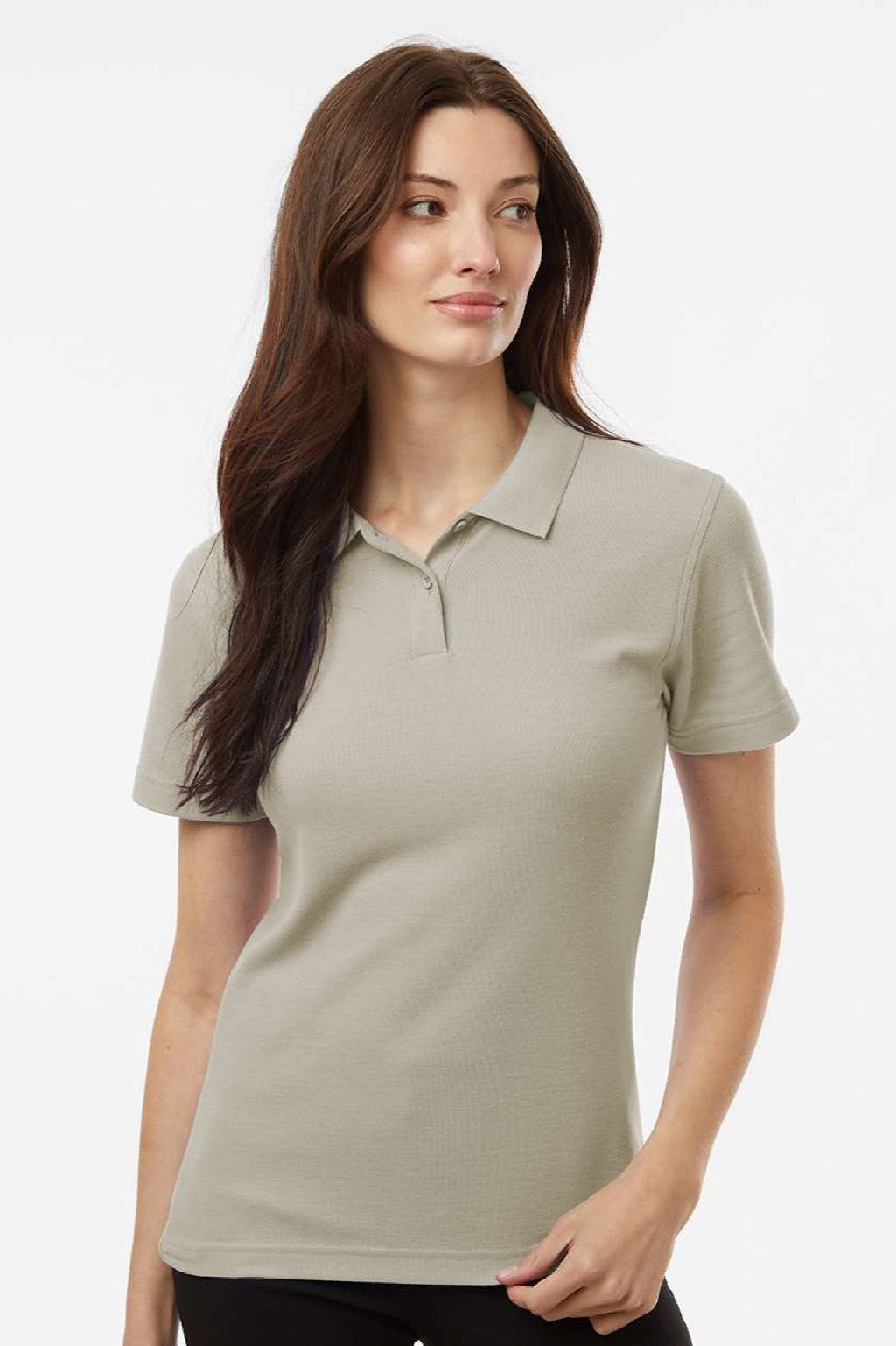 AllPro 62800L Womens Pique Short Sleeve Polo Shirt Sand Brown Model Front