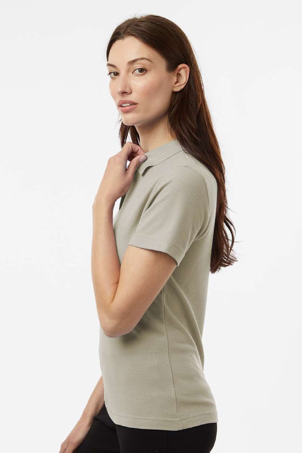 AllPro 62800L Womens Pique Short Sleeve Polo Shirt Sand Brown Model Side