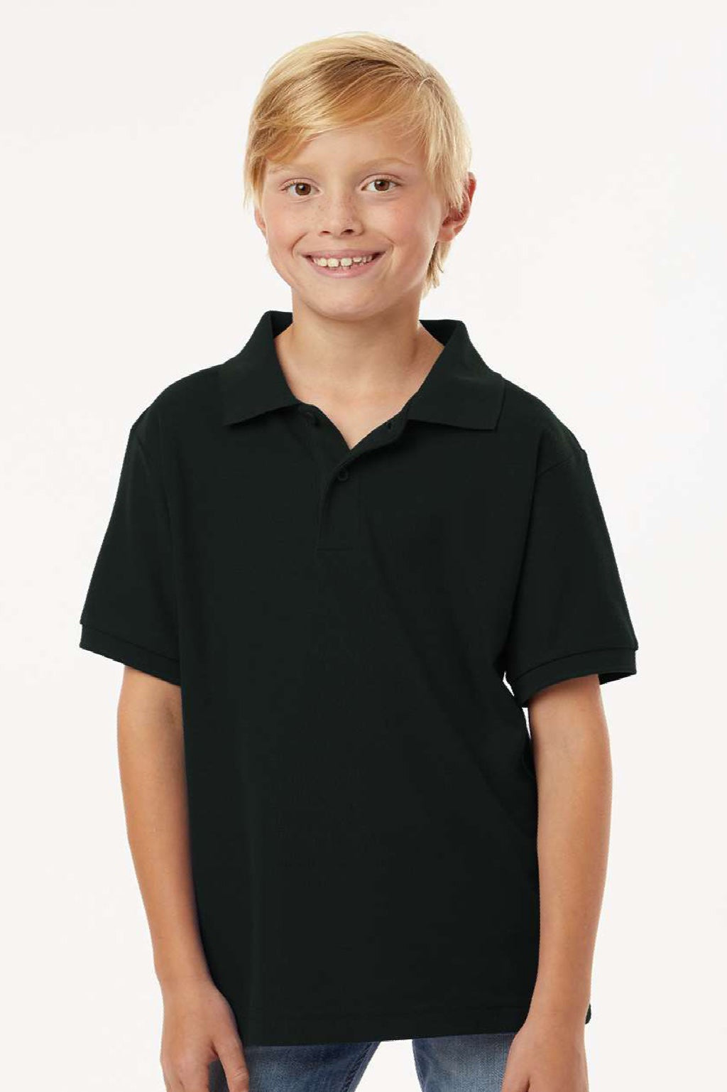 AllPro 62800Y Youth Pique Short Sleeve Polo Shirt Black Model Front