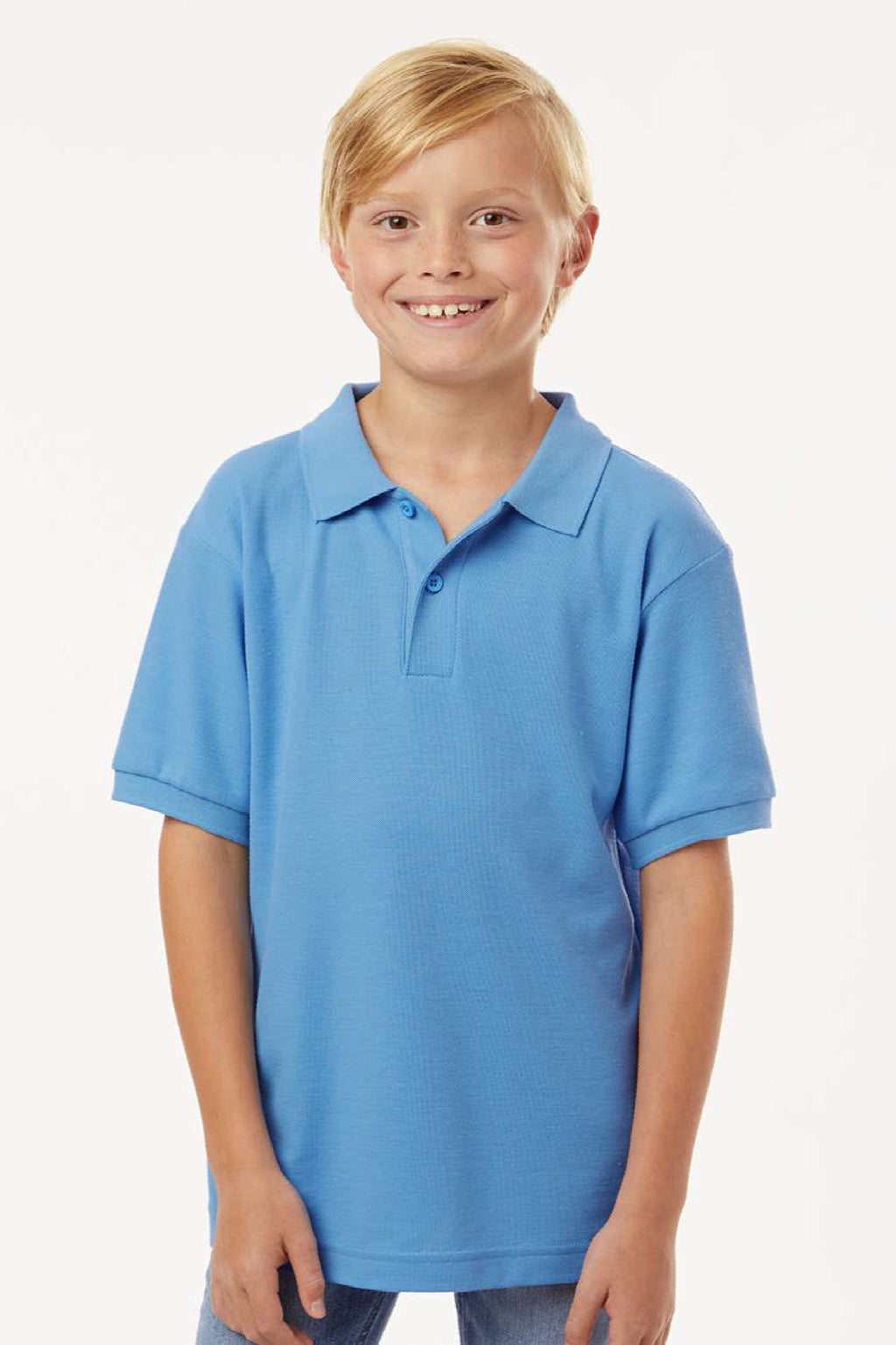 AllPro 62800Y Youth Pique Short Sleeve Polo Shirt Carolina Blue Model Front