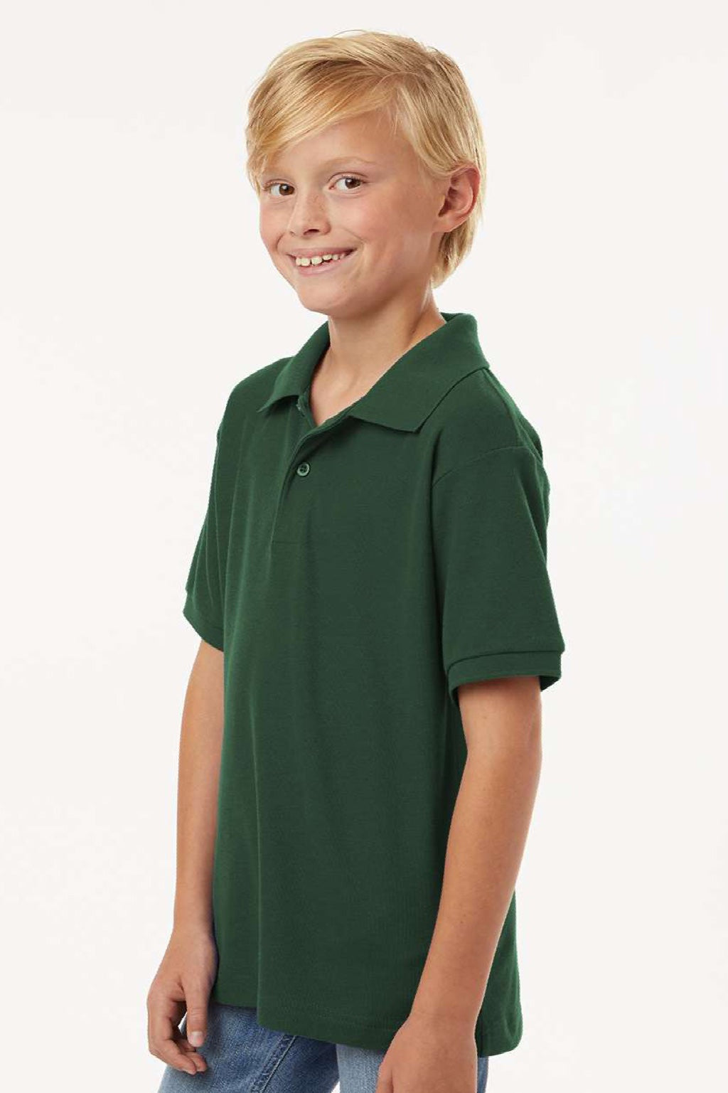 AllPro 62800Y Youth Pique Short Sleeve Polo Shirt Forest Green Model Side