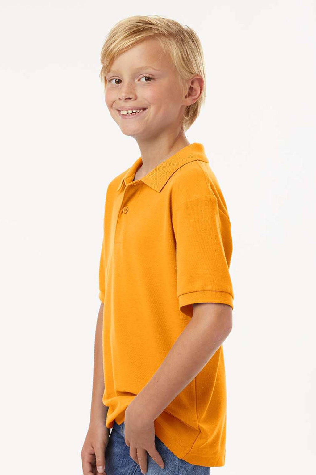 AllPro 62800Y Youth Pique Short Sleeve Polo Shirt Gold Model Side