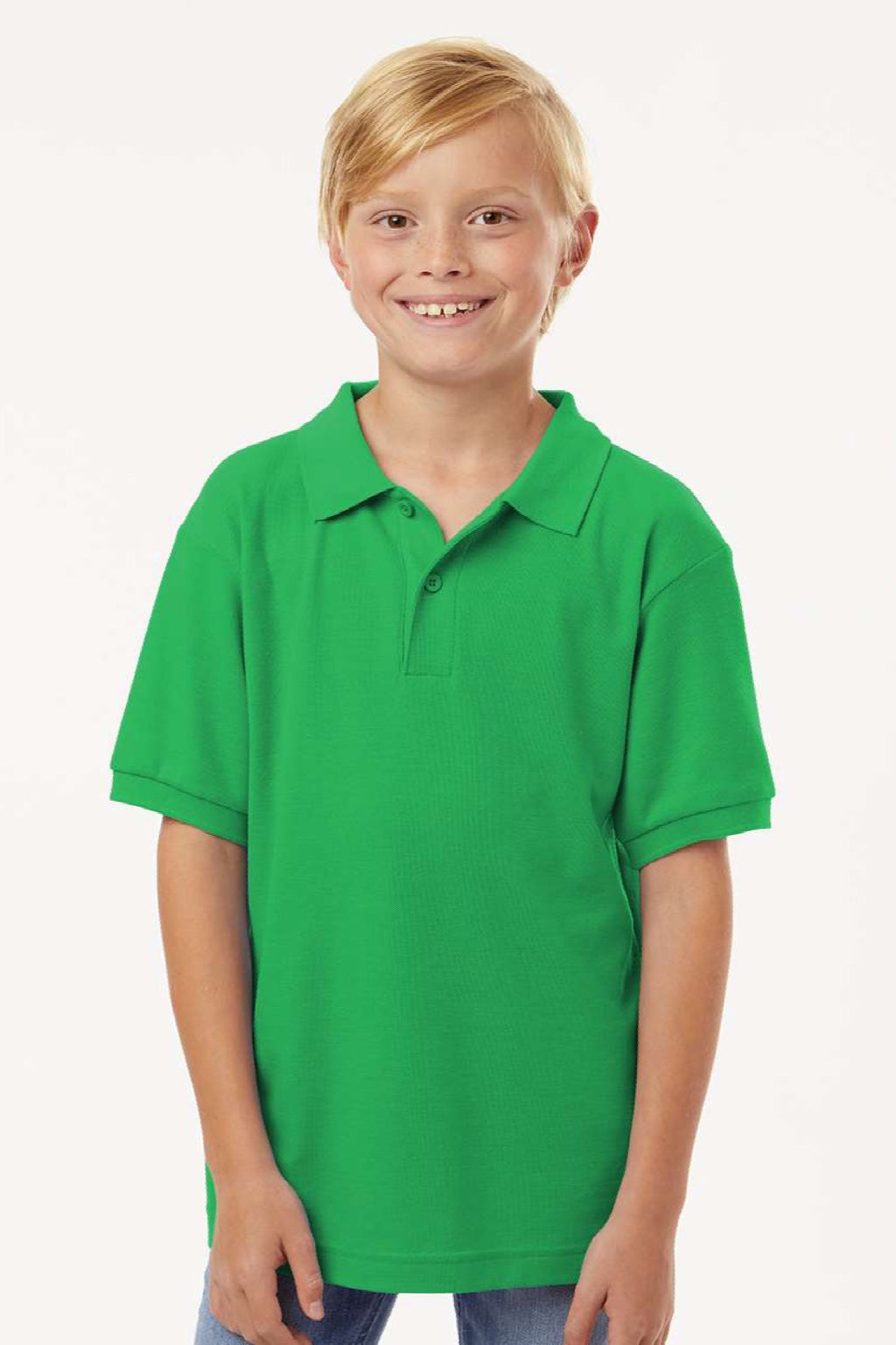 AllPro 62800Y Youth Pique Short Sleeve Polo Shirt Kelly Green Model Front