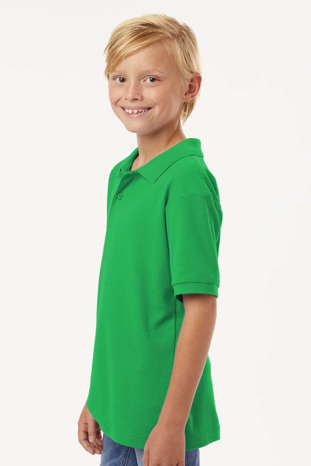AllPro 62800Y Youth Pique Short Sleeve Polo Shirt Kelly Green Model Side
