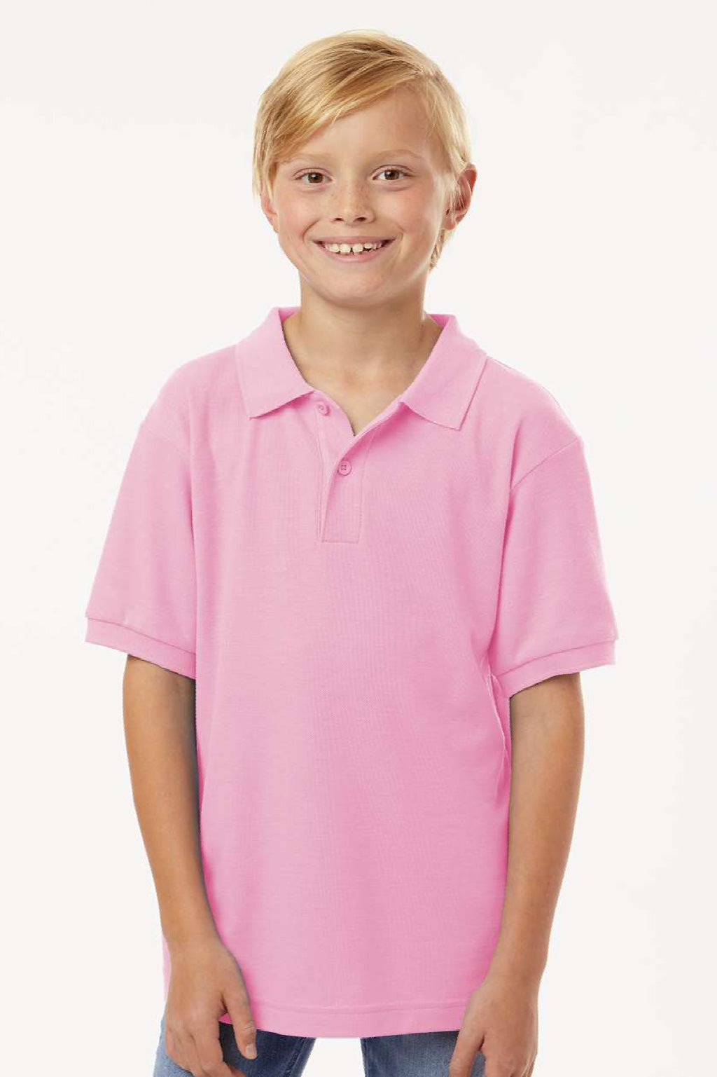 AllPro 62800Y Youth Pique Short Sleeve Polo Shirt Light Pink Model Front