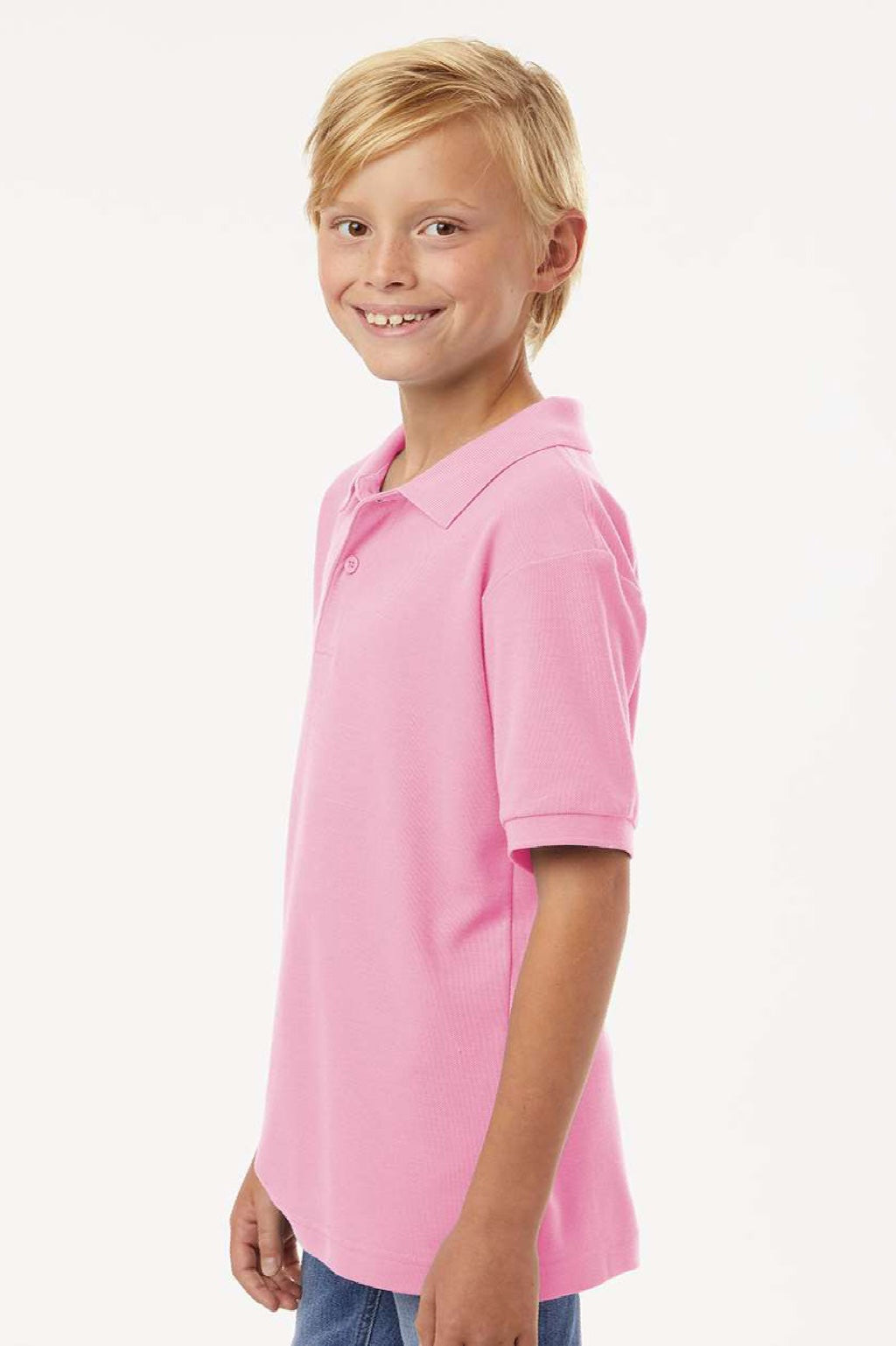 AllPro 62800Y Youth Pique Short Sleeve Polo Shirt Light Pink Model Side
