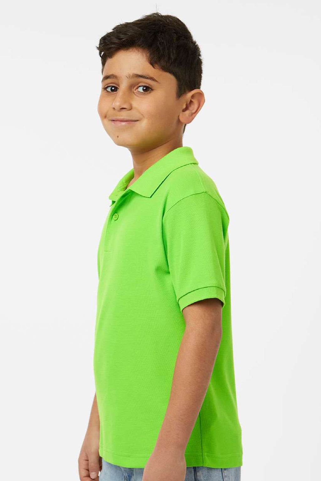 AllPro 62800Y Youth Pique Short Sleeve Polo Shirt Lime Green Model Side