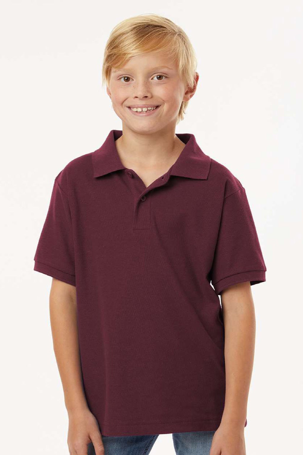 AllPro 62800Y Youth Pique Short Sleeve Polo Shirt Maroon Model Front