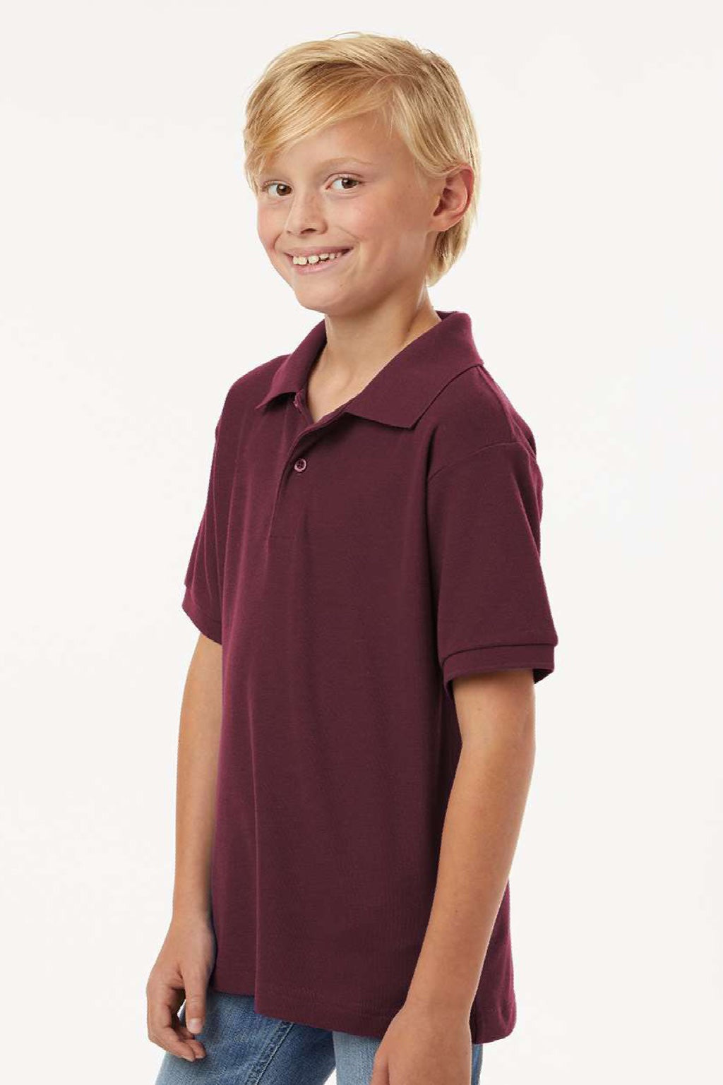 AllPro 62800Y Youth Pique Short Sleeve Polo Shirt Maroon Model Side