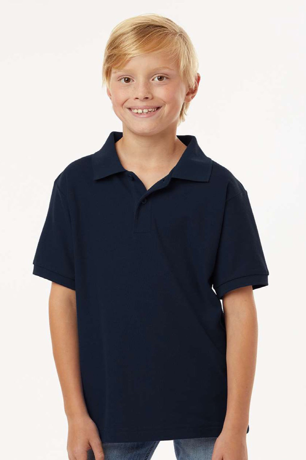 AllPro 62800Y Youth Pique Short Sleeve Polo Shirt Navy Blue Model Front