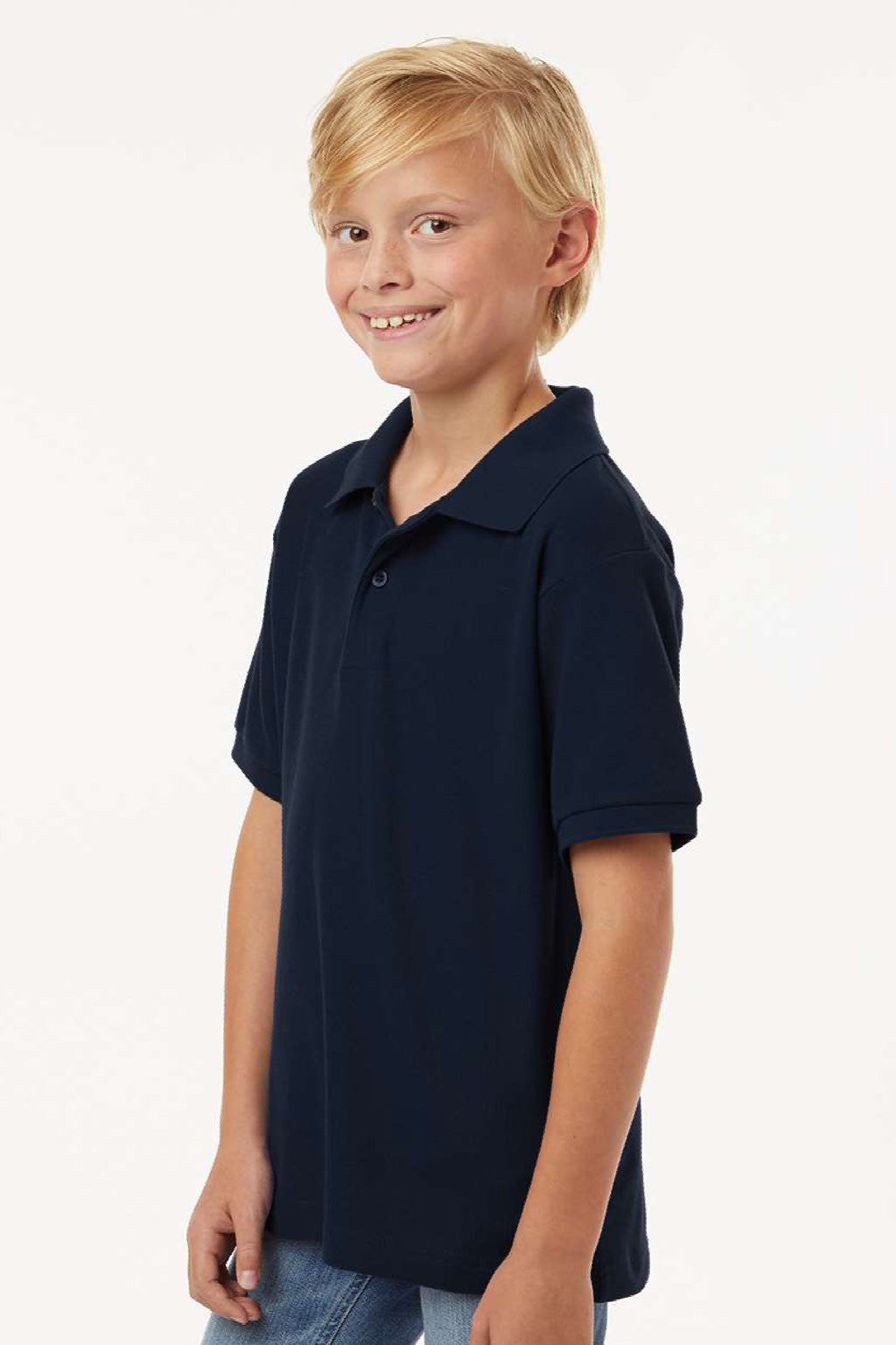 AllPro 62800Y Youth Pique Short Sleeve Polo Shirt Navy Blue Model Side