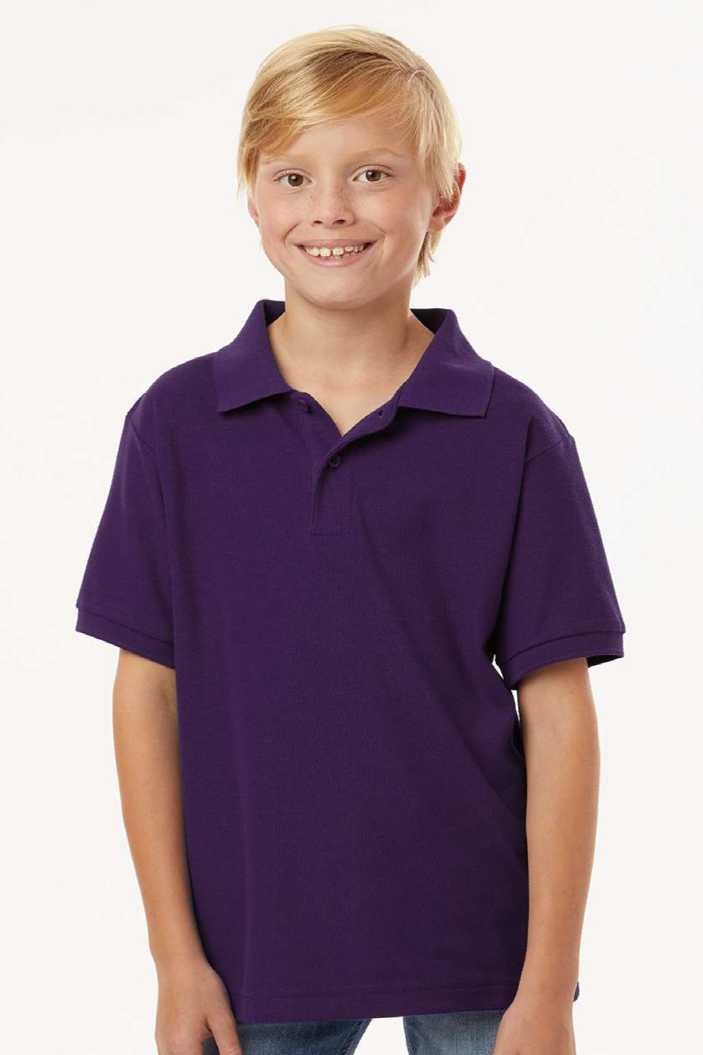 AllPro 62800Y Youth Pique Short Sleeve Polo Shirt Purple Model Front