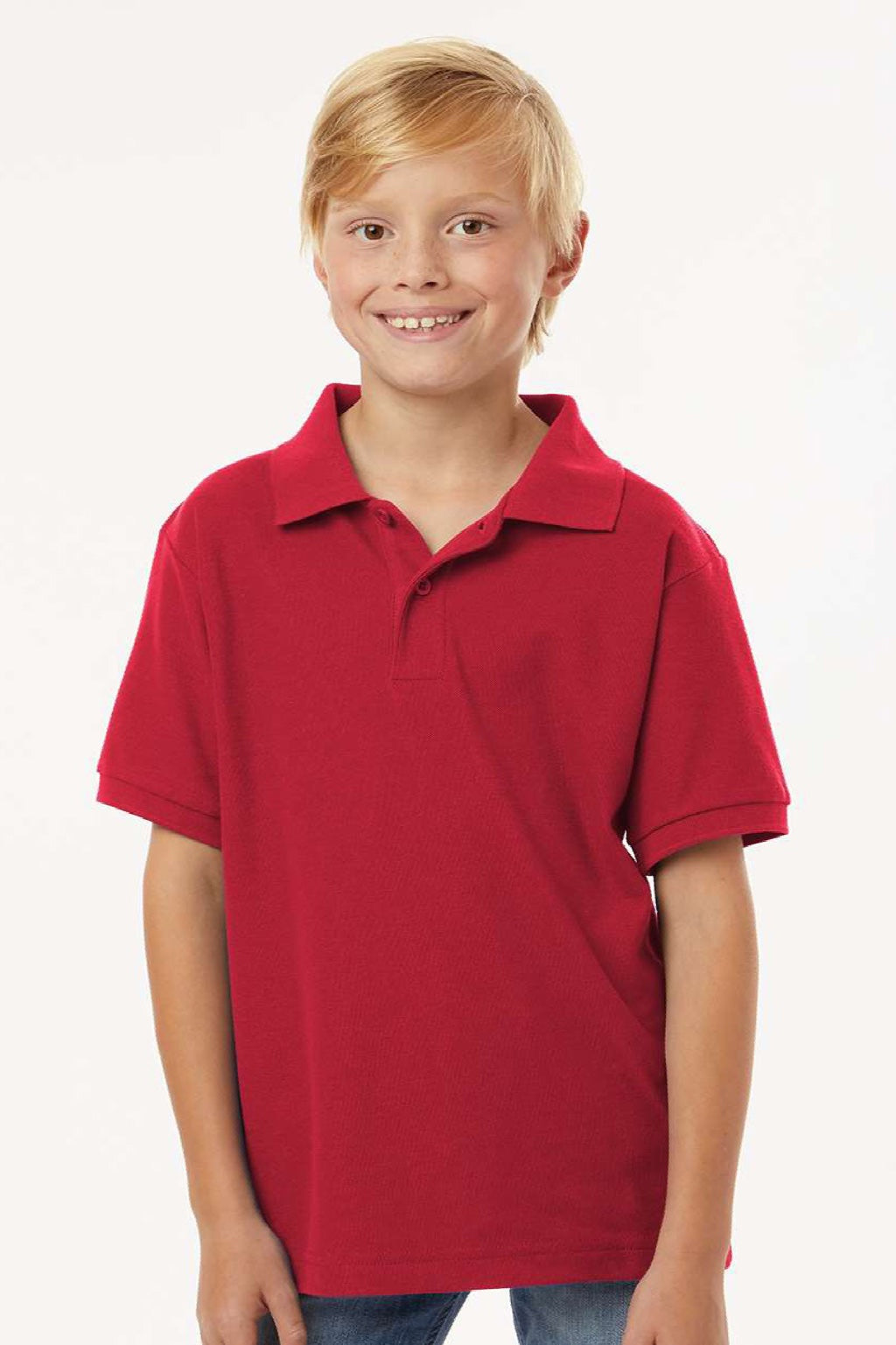 AllPro 62800Y Youth Pique Short Sleeve Polo Shirt Red Model Front