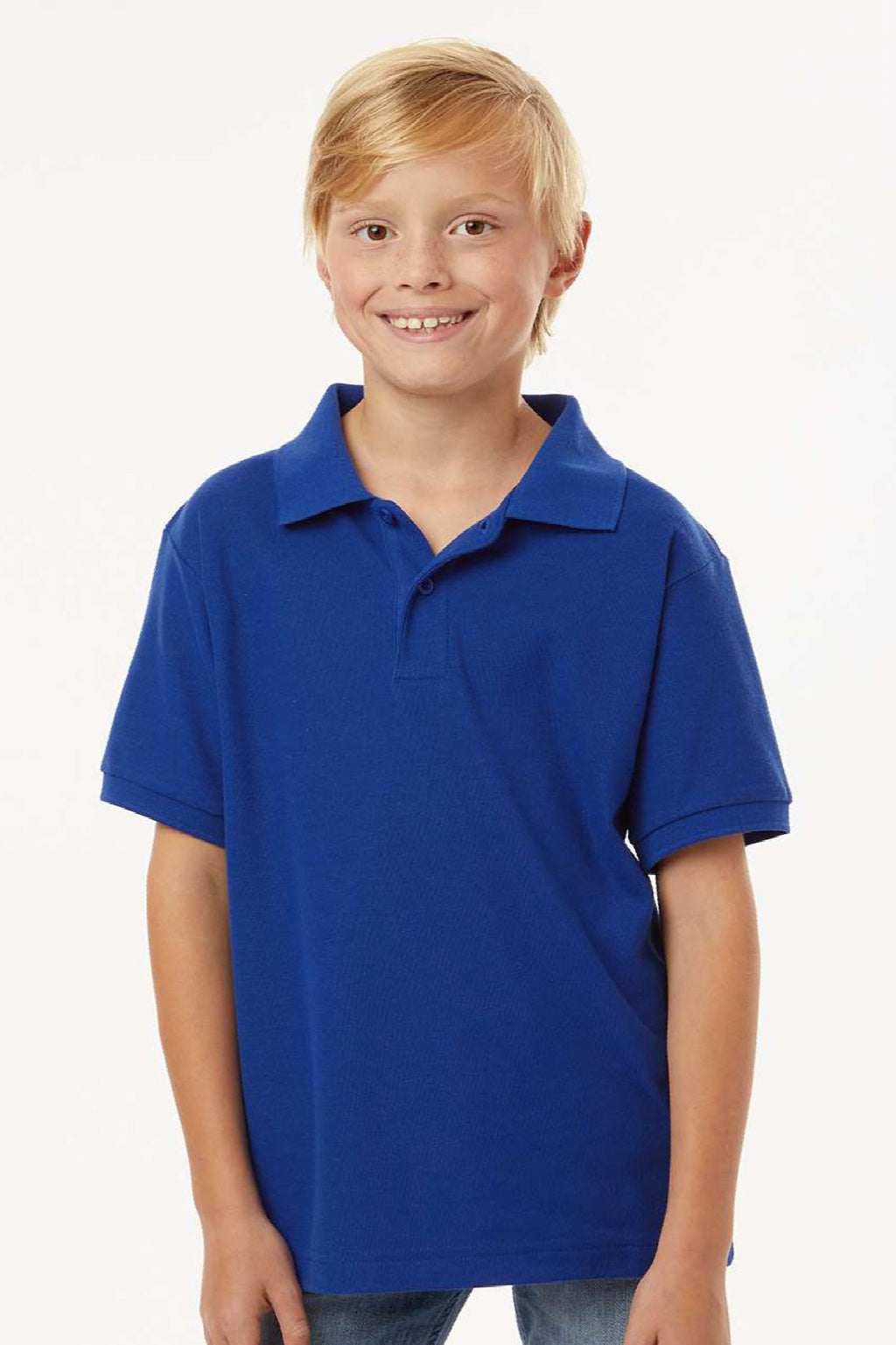 AllPro 62800Y Youth Pique Short Sleeve Polo Shirt Royal Blue Model Front