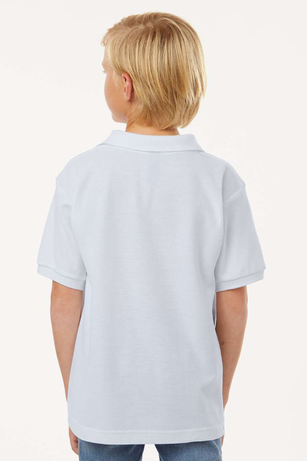 AllPro 62800Y Youth Pique Short Sleeve Polo Shirt White Model Back