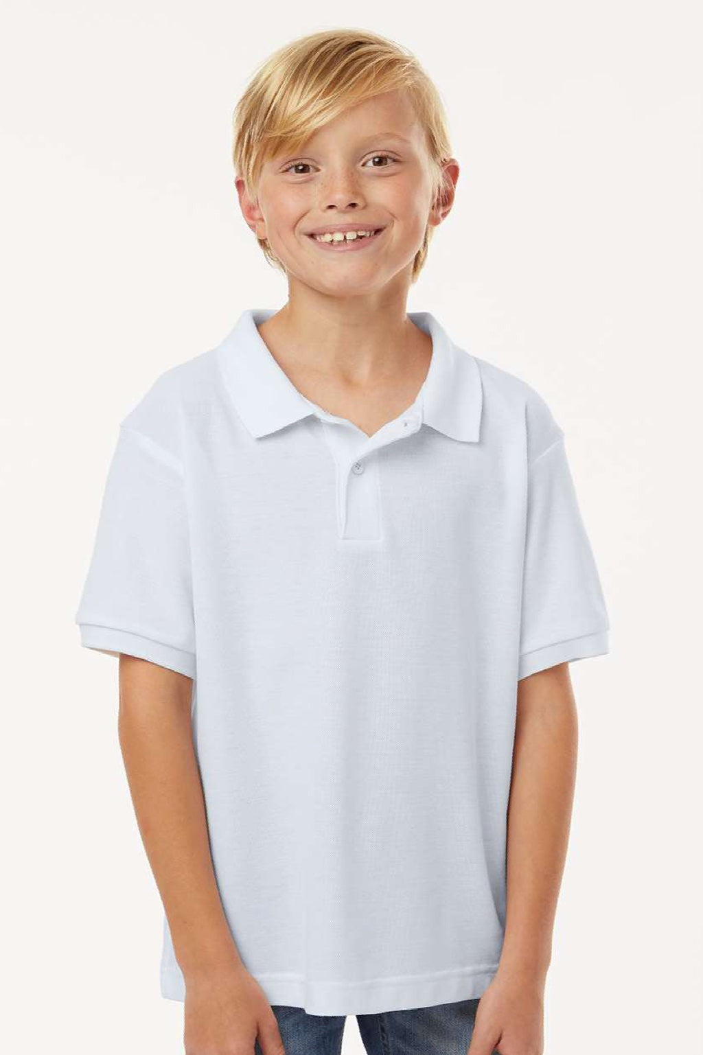 AllPro 62800Y Youth Pique Short Sleeve Polo Shirt White Model Front