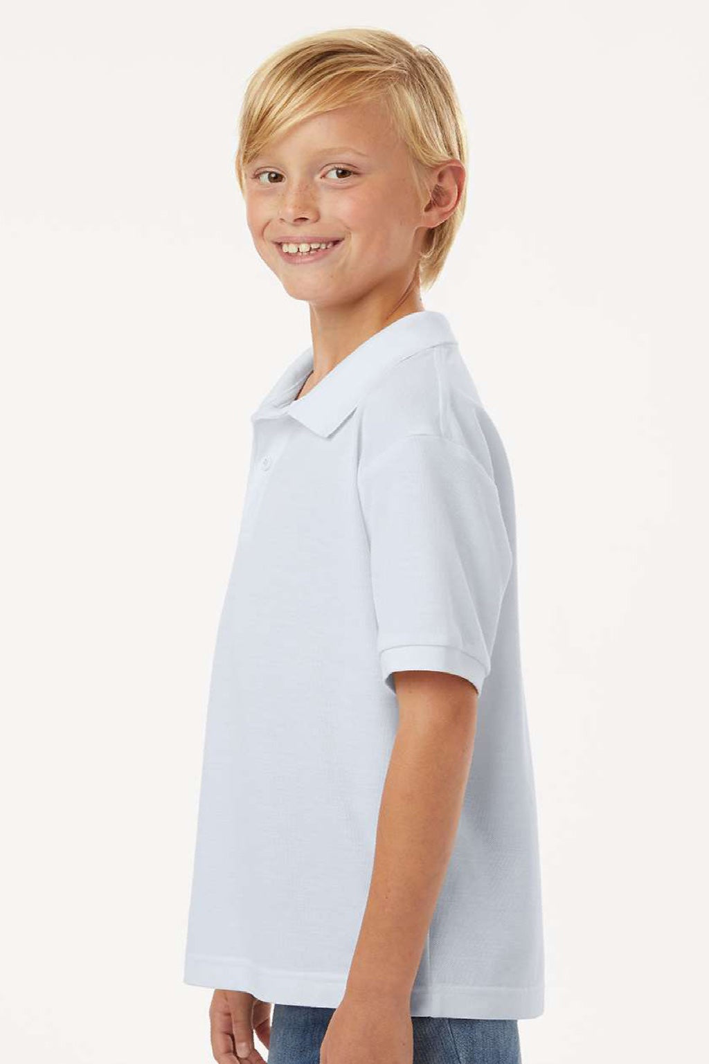AllPro 62800Y Youth Pique Short Sleeve Polo Shirt White Model Side
