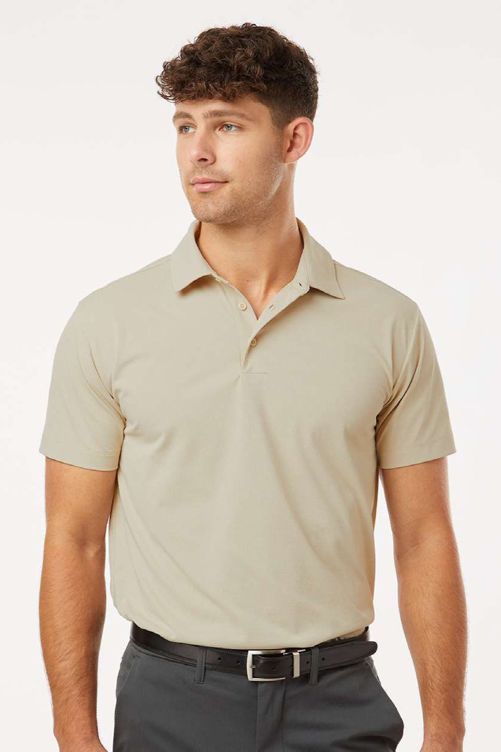 AllPro 41SP0 Mens Pro Flex Sorona Short Sleeve Polo Shirt Sand Brown Model Front