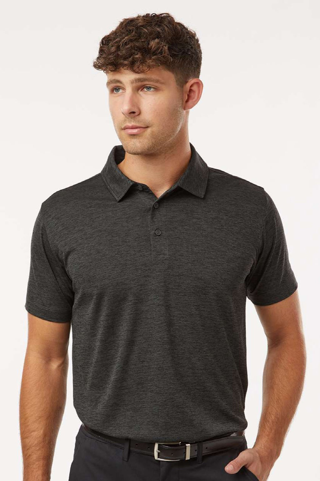 AllPro 4HM00 Mens Performance Melange Short Sleeve Polo Shirt Black Melange Model Front