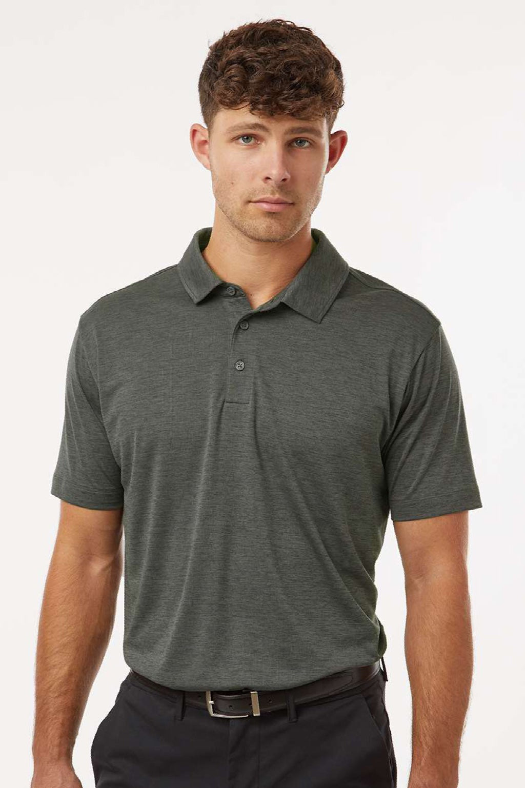 AllPro 4HM00 Mens Performance Melange Short Sleeve Polo Shirt Charcoal Grey Melange Model Front