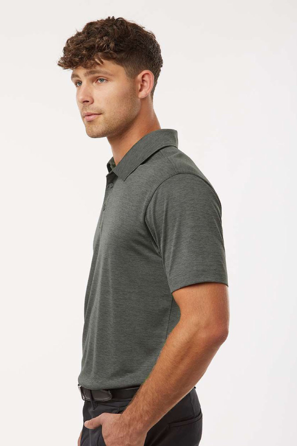 AllPro 4HM00 Mens Performance Melange Short Sleeve Polo Shirt Charcoal Grey Melange Model Side
