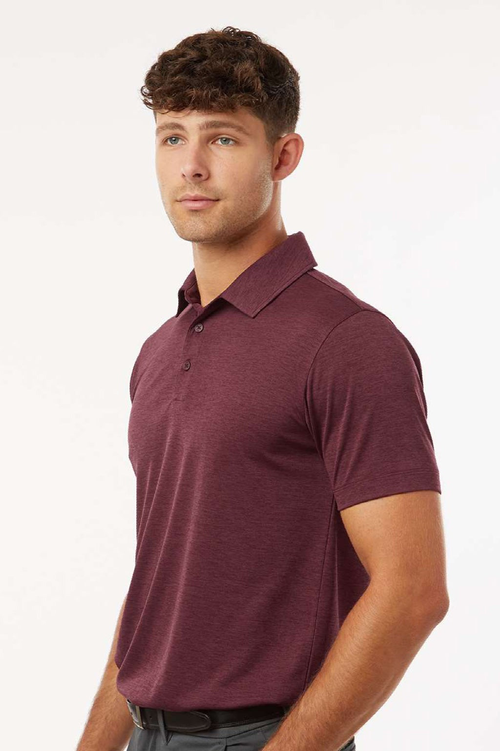 AllPro 4HM00 Mens Performance Melange Short Sleeve Polo Shirt Maroon Melange Model Side