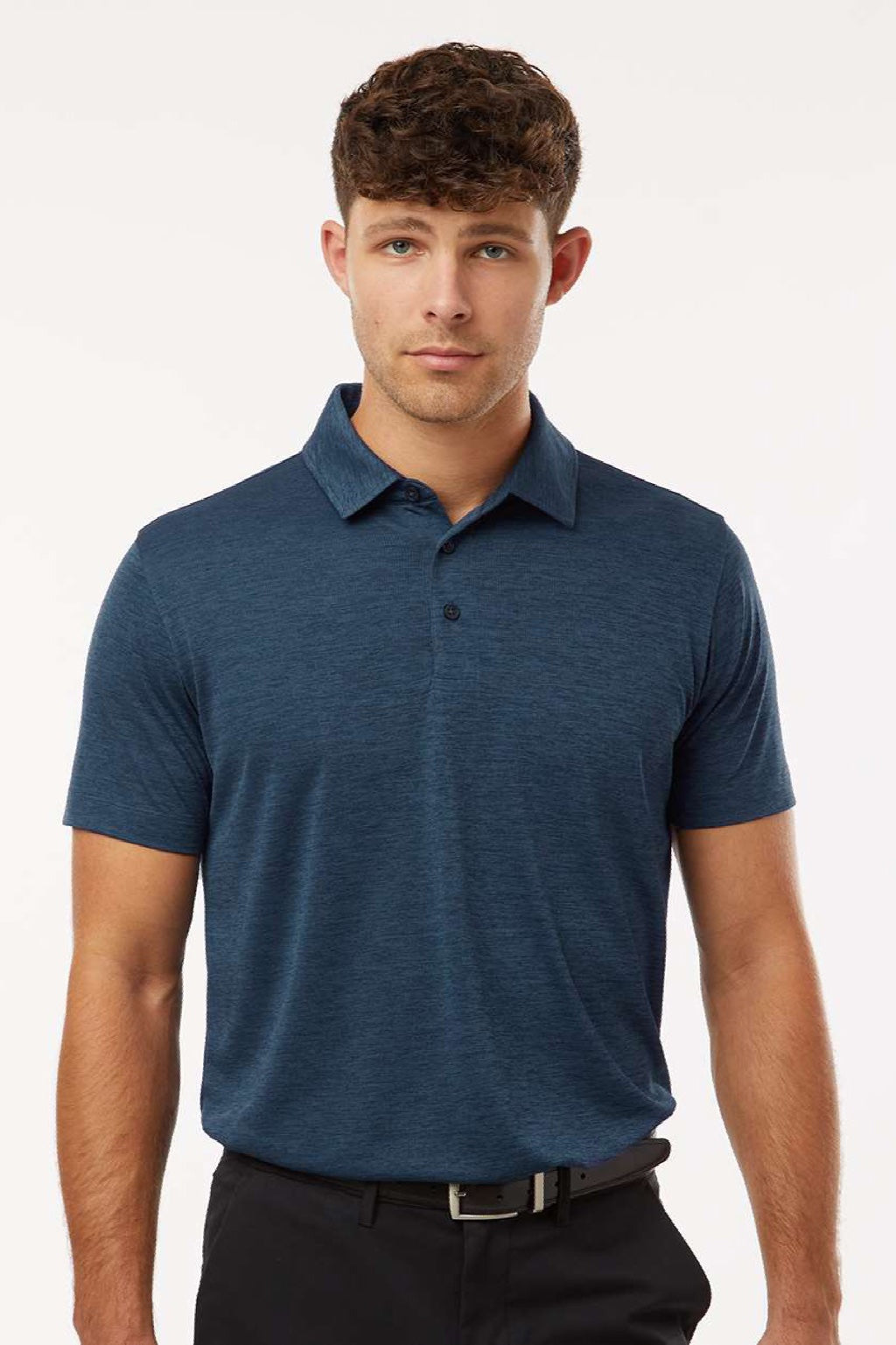 AllPro 4HM00 Mens Performance Melange Short Sleeve Polo Shirt Navy Blue Melange Model Front