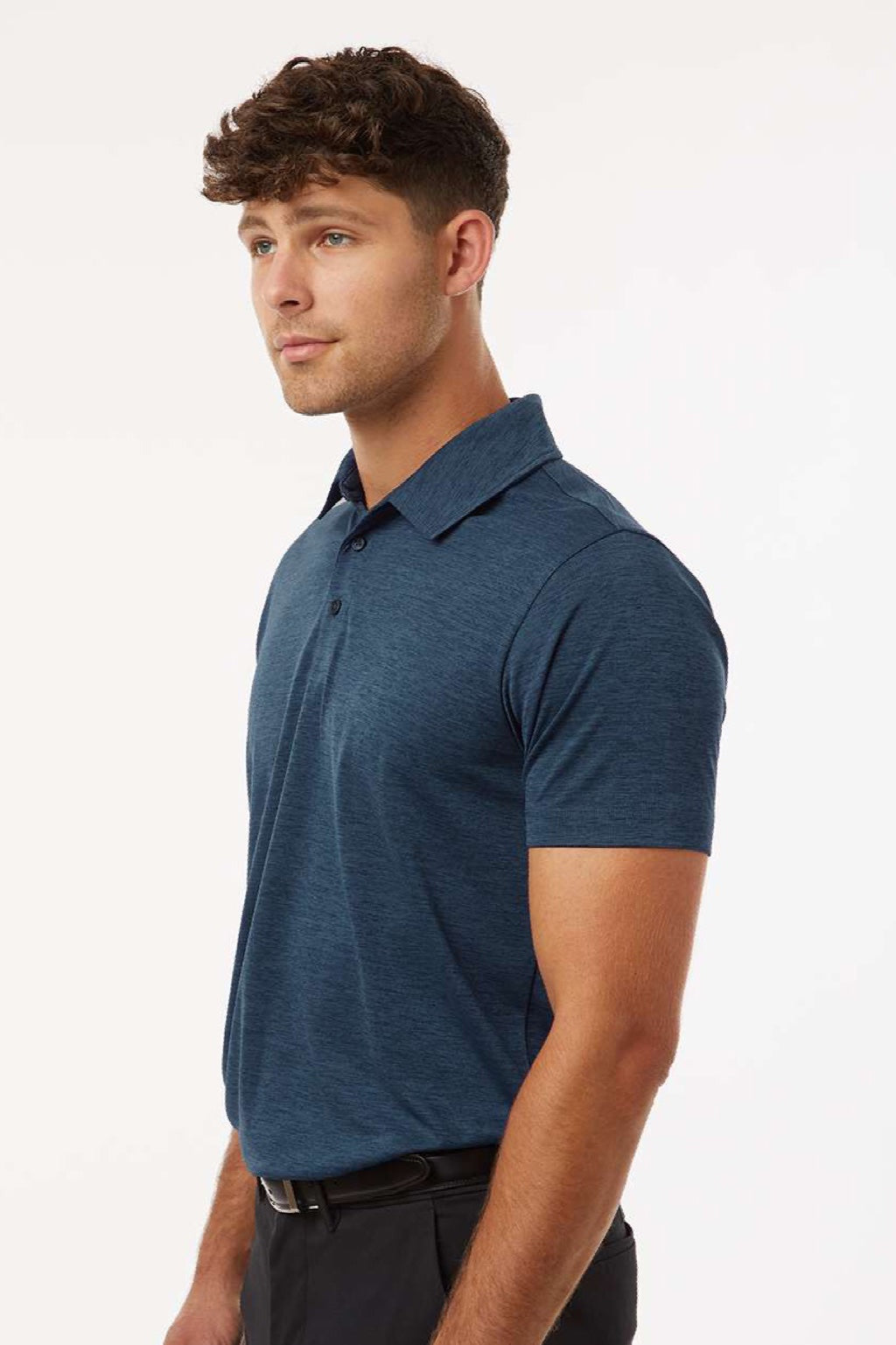 AllPro 4HM00 Mens Performance Melange Short Sleeve Polo Shirt Navy Blue Melange Model Side