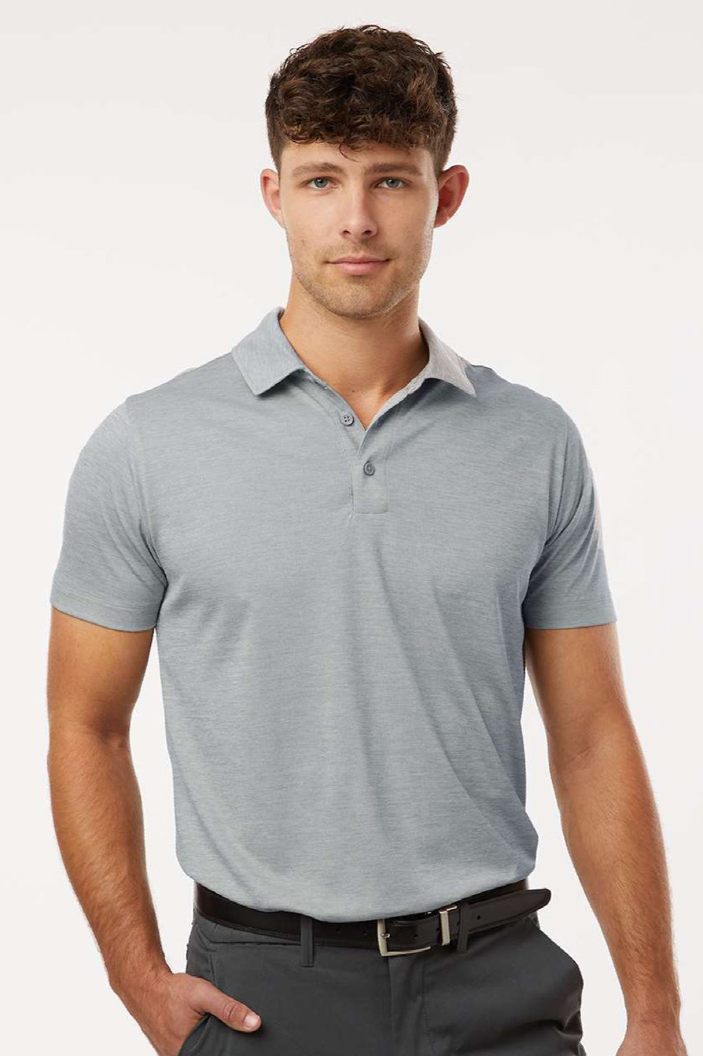 AllPro 4HM00 Mens Performance Melange Short Sleeve Polo Shirt Silver Grey Melange Model Front