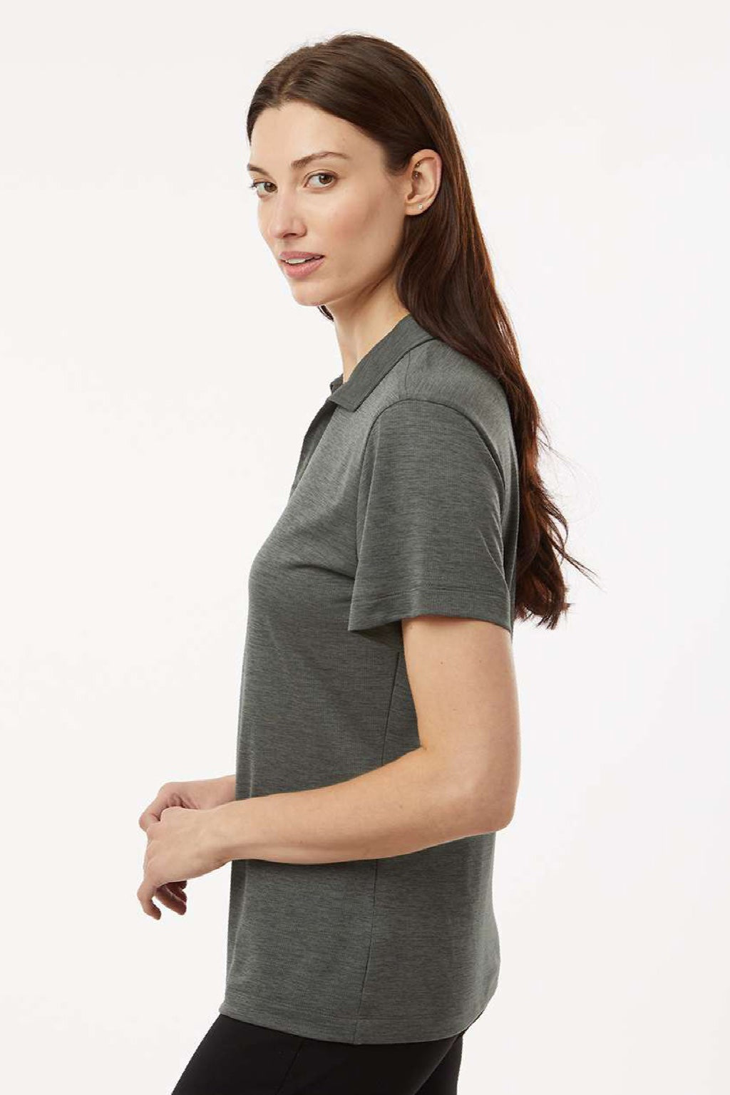 AllPro 4HM00L Womens Performance Melange Short Sleeve Polo Shirt Charcoal Grey Melange Model Side