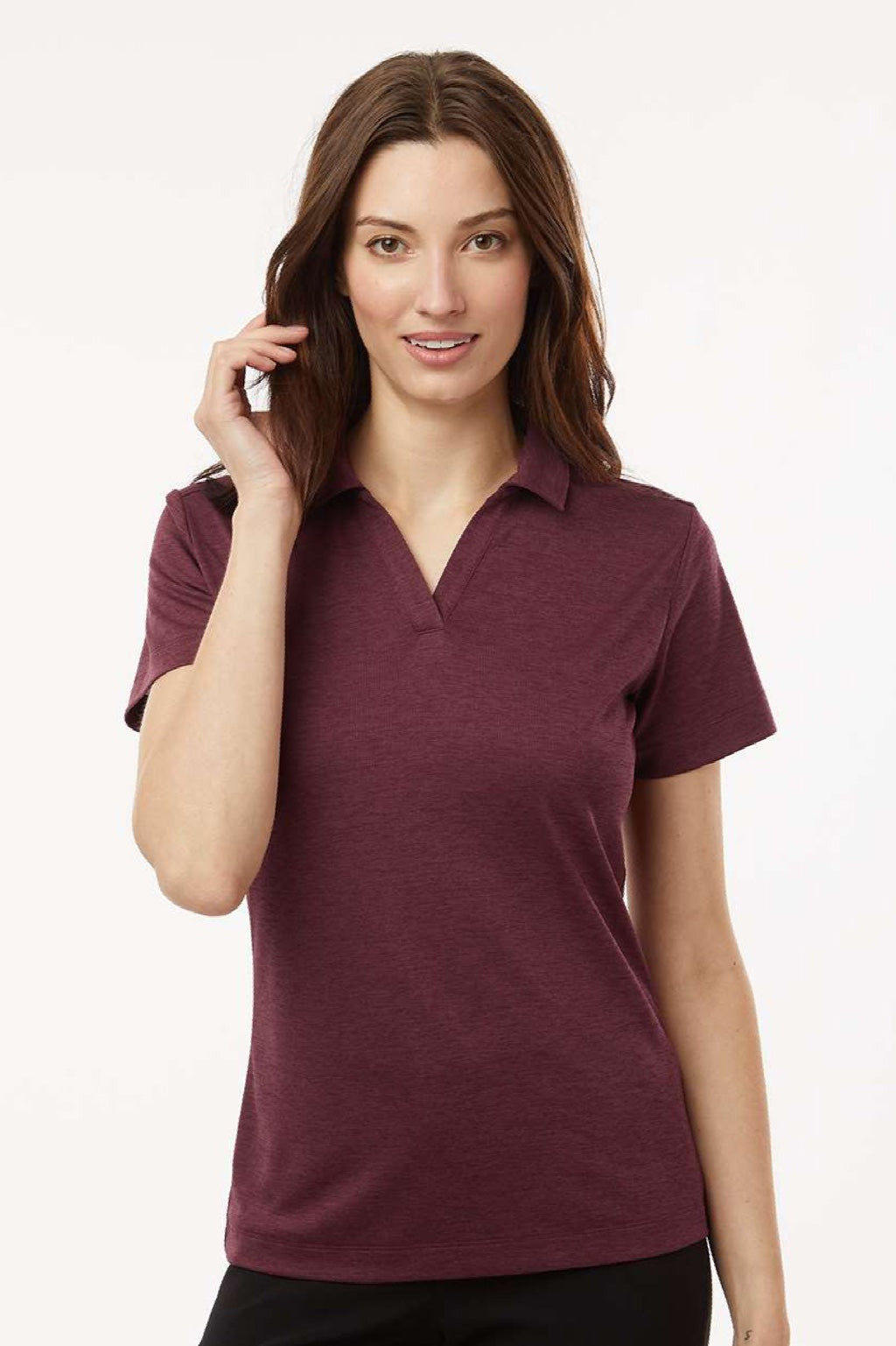 AllPro 4HM00L Womens Performance Melange Short Sleeve Polo Shirt Maroon Melange Model Front