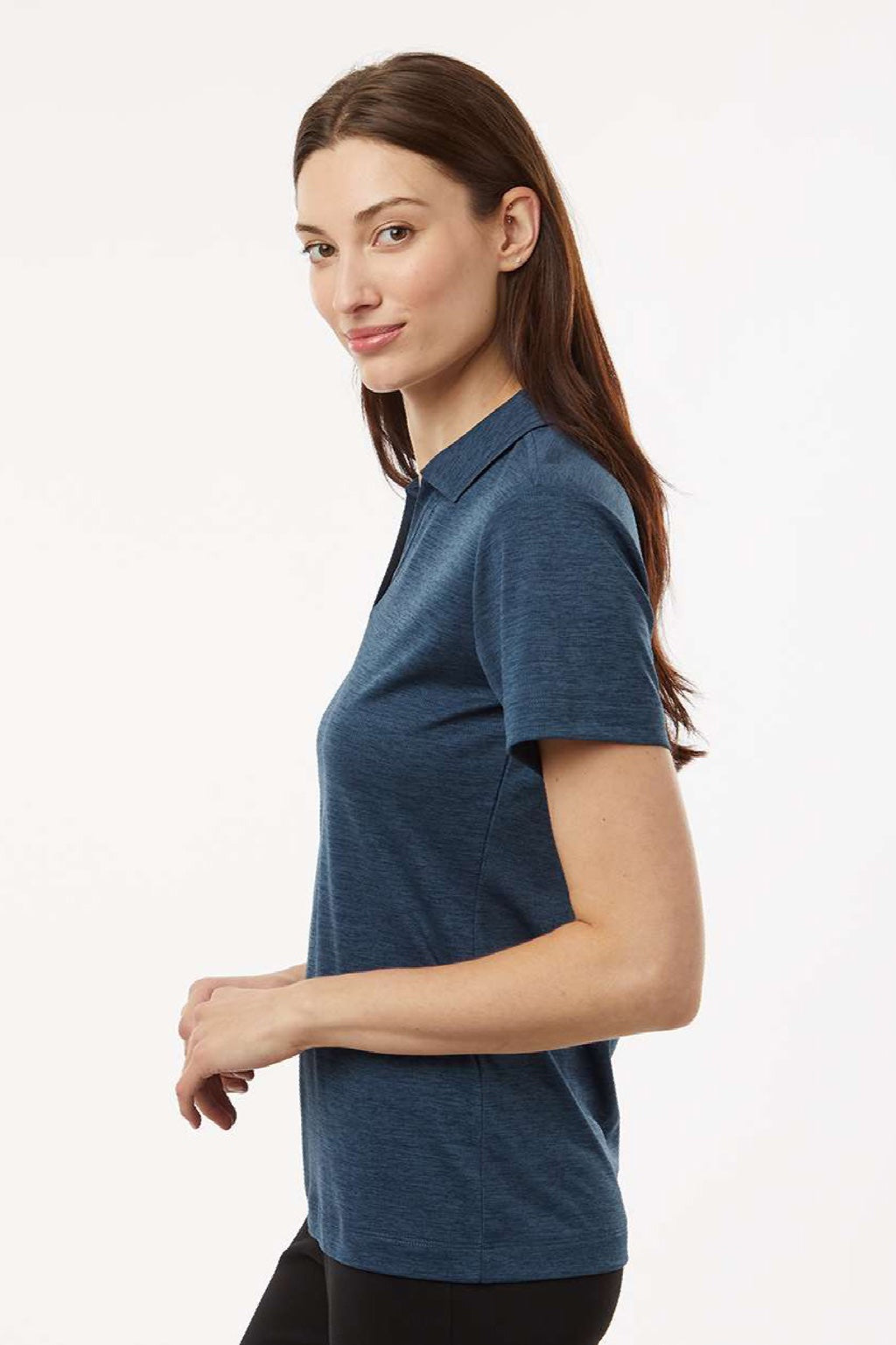 AllPro 4HM00L Womens Performance Melange Short Sleeve Polo Shirt Navy Blue Melange Model Side
