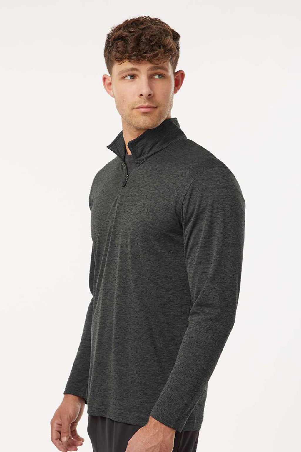 AllPro 4HM700 Mens Performance Melange 1/4 Zip Sweatshirt Black Melange Model Side