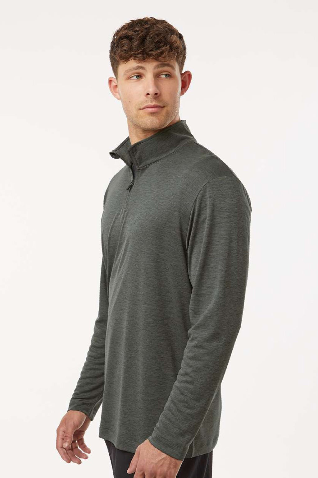 AllPro 4HM700 Mens Performance Melange 1/4 Zip Sweatshirt Charcoal Grey Melange Model Side