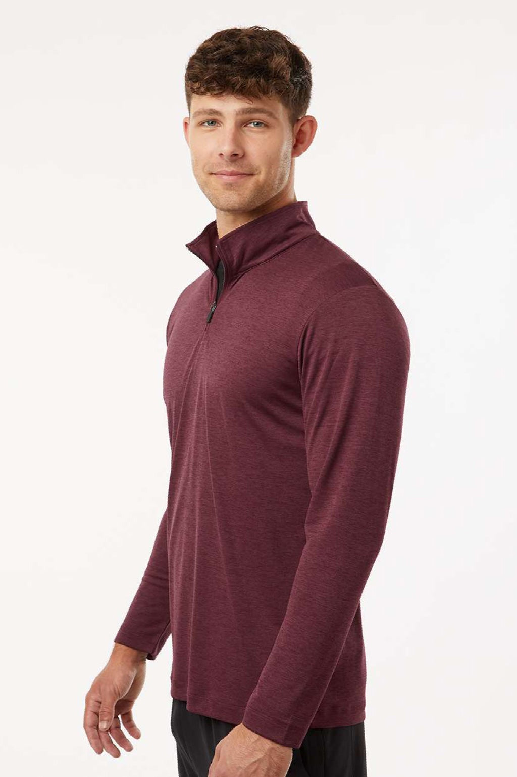 AllPro 4HM700 Mens Performance Melange 1/4 Zip Sweatshirt Maroon Melange Model Side