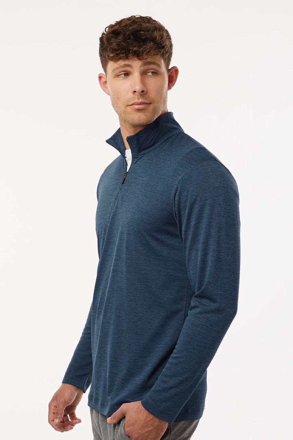 AllPro 4HM700 Mens Performance Melange 1/4 Zip Sweatshirt Navy Blue Melange Model Side
