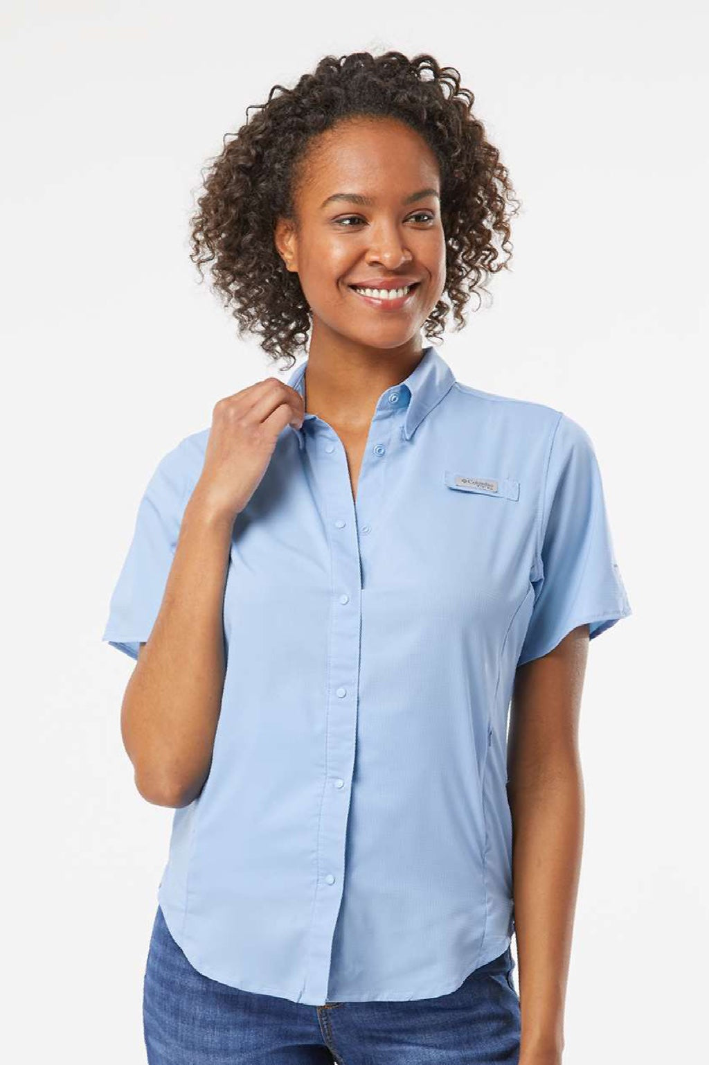 Columbia 212466 Womens PFG Tamiami II Short Sleeve Button Down Shirt Sail Blue Model Front