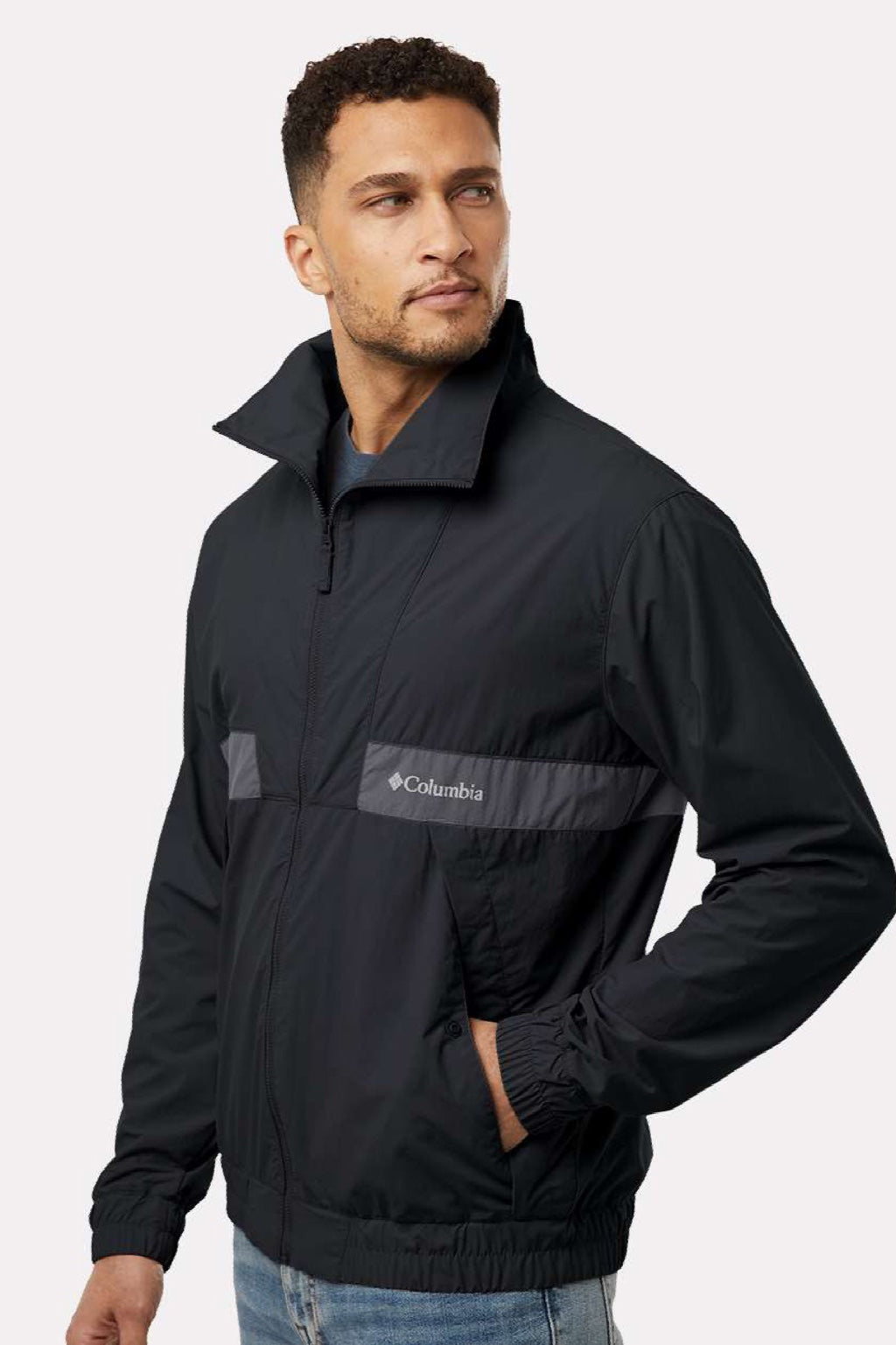 Columbia 212106 Mens Spire Valley Full Zip Windbreaker Jacket Black/Shark Grey Model Side