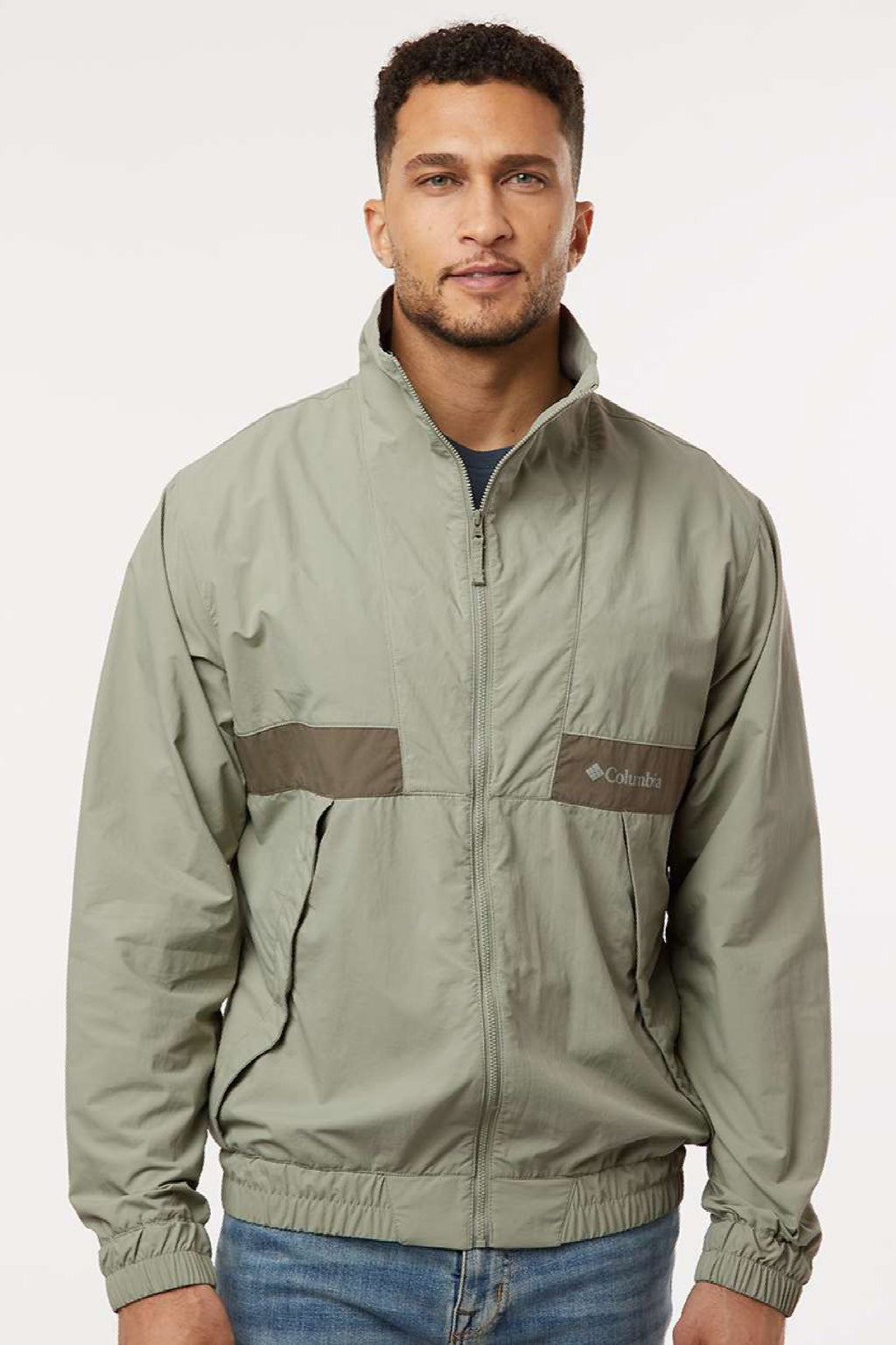 Columbia 212106 Mens Spire Valley Full Zip Windbreaker Jacket Safari Green/Stone Green Model Front