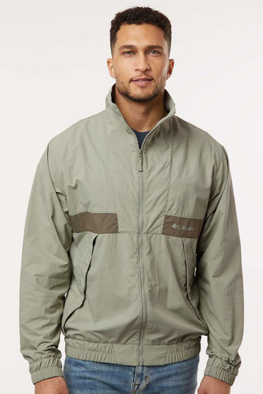 Columbia 212106 Mens Spire Valley Full Zip Windbreaker Jacket Safari Green/Stone Green Model Front