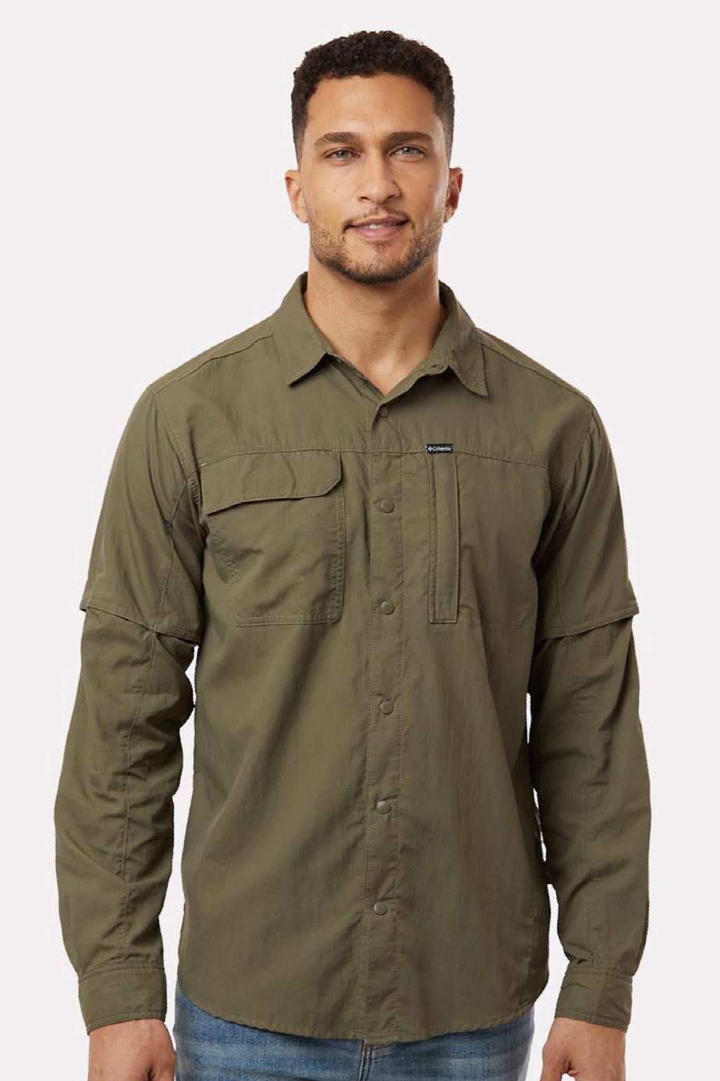 Columbia 212332 Mens Skien Valley Long Sleeve Button Down Shirt w/ Pocket Stone Green Model Front