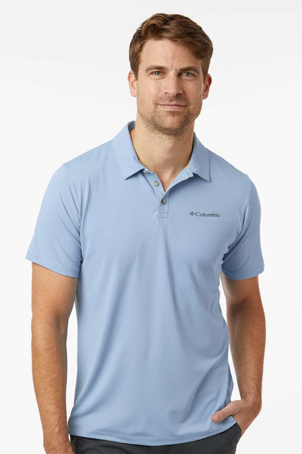 Columbia 211856 Mens Tech Trail Utility Short Sleeve Polo Shirt Ripple Blue Model Front