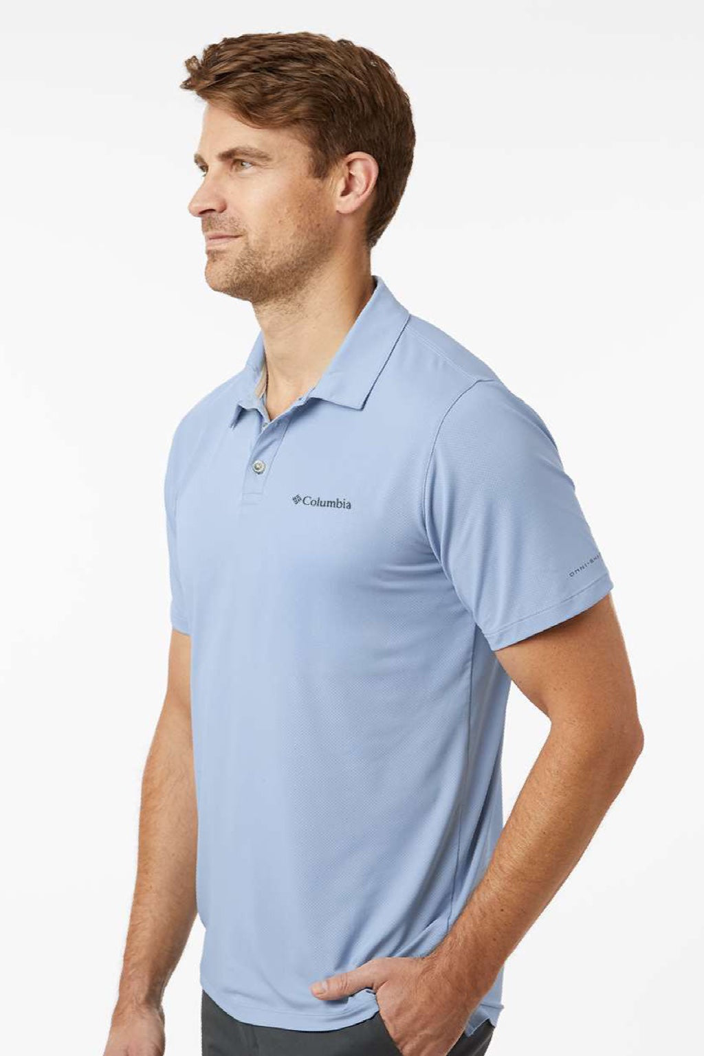 Columbia 211856 Mens Tech Trail Utility Short Sleeve Polo Shirt Ripple Blue Model Side