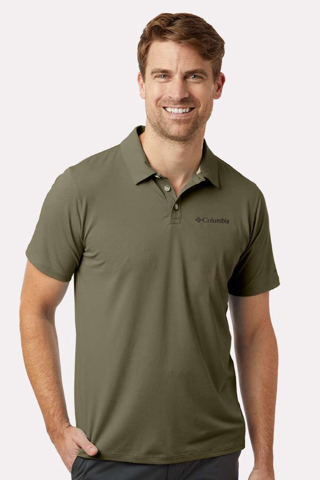 Columbia 211856 Mens Tech Trail Utility Short Sleeve Polo Shirt Stone Green Model Front